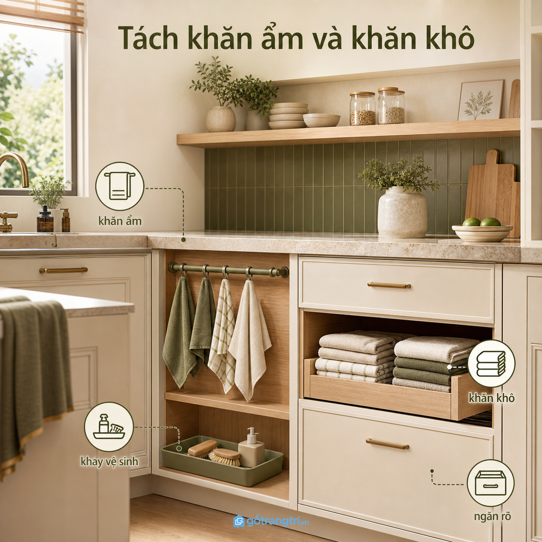 Chia khoang khăn khô, khăn ẩm và đồ vệ sinh nhỏ