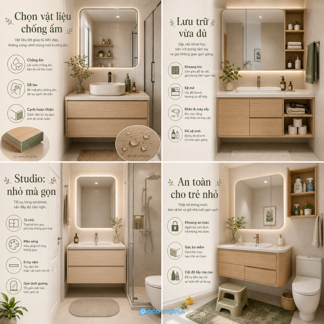 Chia tầng tủ lavabo theo loại đồ dùng và tần suất dùng