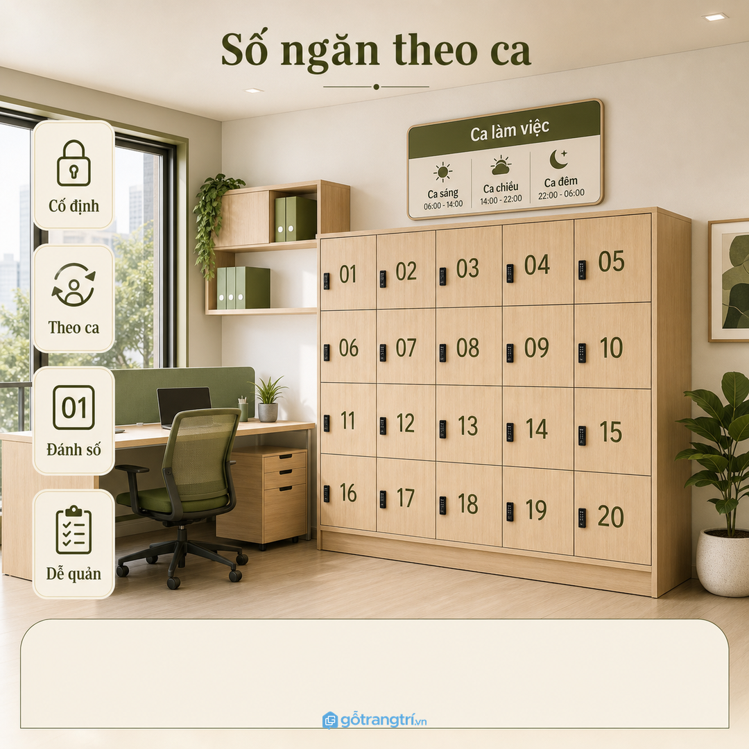 Số ngăn locker nên tính theo nhân sự cố định hoặc ca làm việc linh hoạt