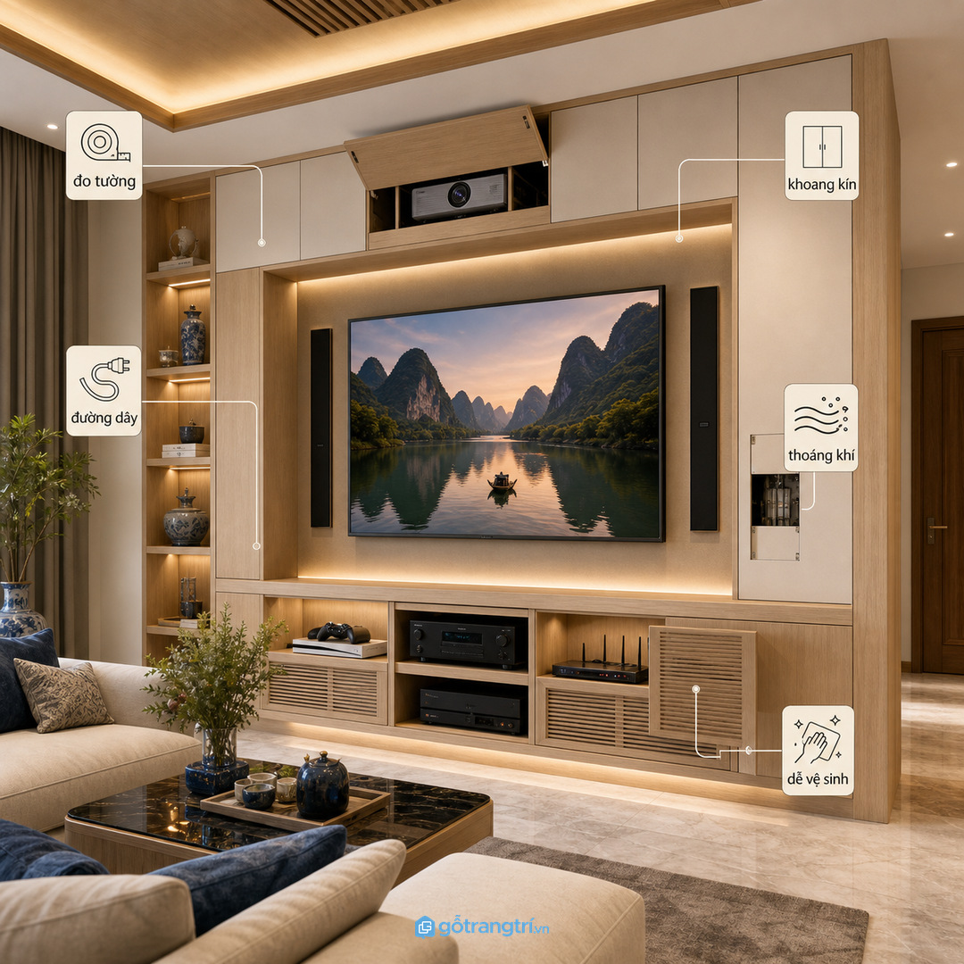 Chia khoang tủ media theo TV, loa, ampli, router và phụ kiện