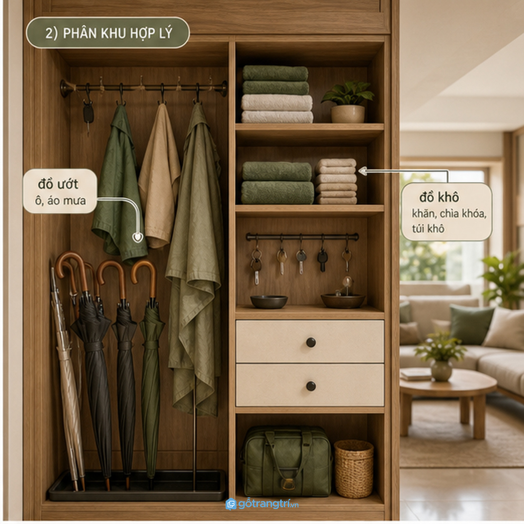 Chia khoang ướt, khoang khô và khay hứng nước rõ ràng