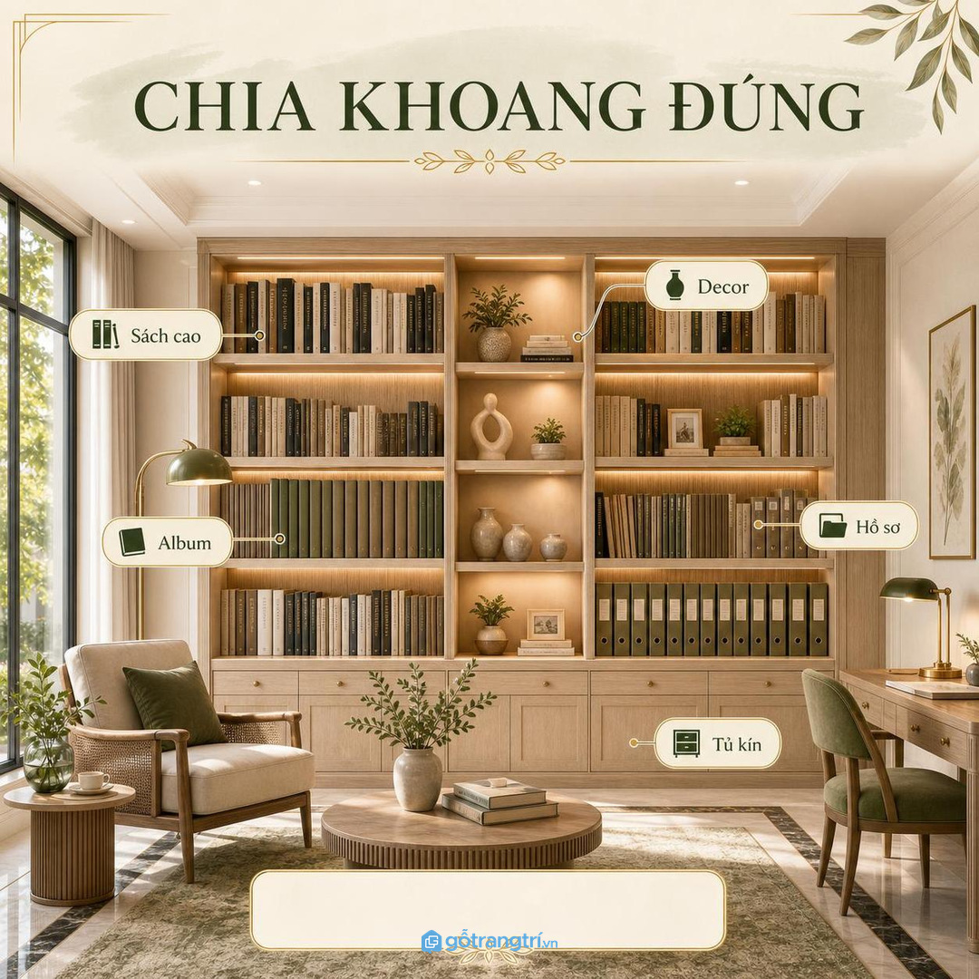 Chia khoang tủ sách theo sách cao, album, hồ sơ, decor và tủ kín