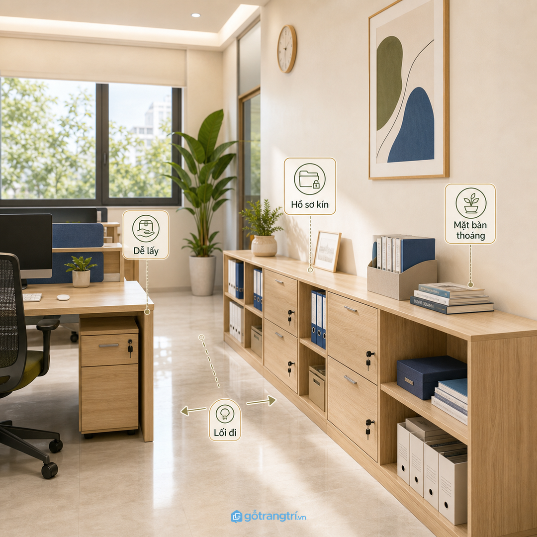 Mặt tủ thấp có thể dùng cho máy in, khay tài liệu hoặc vài món decor gọn
