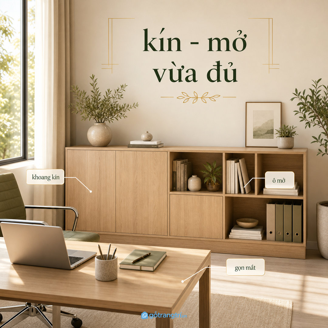 Khoang kín và khoang mở nên cân bằng để phòng làm việc vừa gọn vừa có điểm nhấn