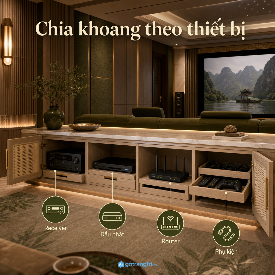 Receiver, đầu phát, router và phụ kiện nên chia khoang rõ ràng
