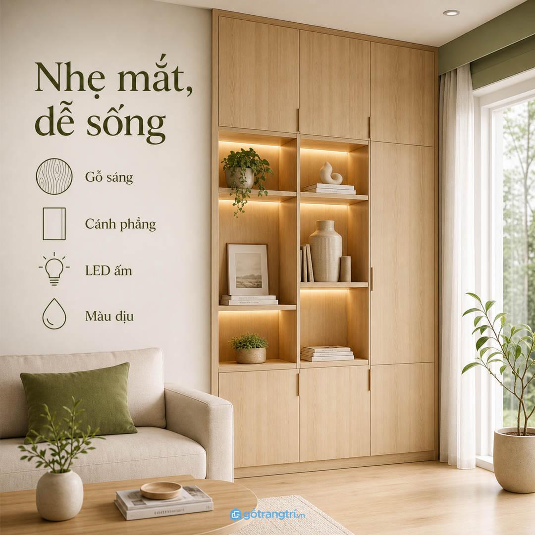Gỗ sáng, cánh phẳng và đèn ấm giúp tủ trang trí nhẹ mắt