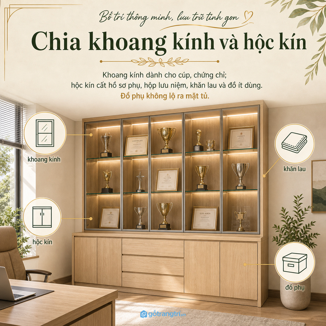 Chia khoang kính và hộc kín để đồ trưng bày đẹp mà đồ phụ vẫn gọn