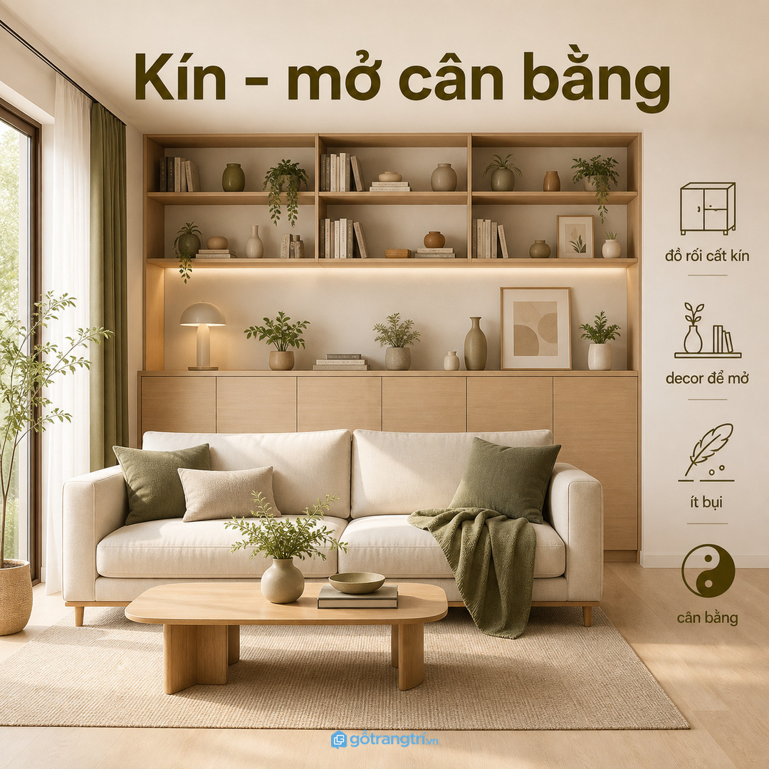Tủ sau sofa cần cân bằng ngăn kín và kệ mở để phòng khách gọn lâu