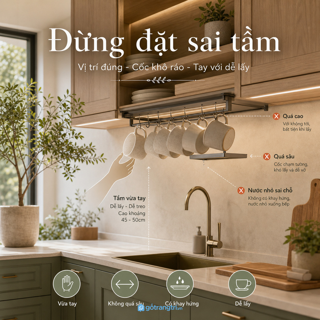 Vị trí khay úp cốc nên gần khu soạn đồ nhưng không chắn luồng nấu
