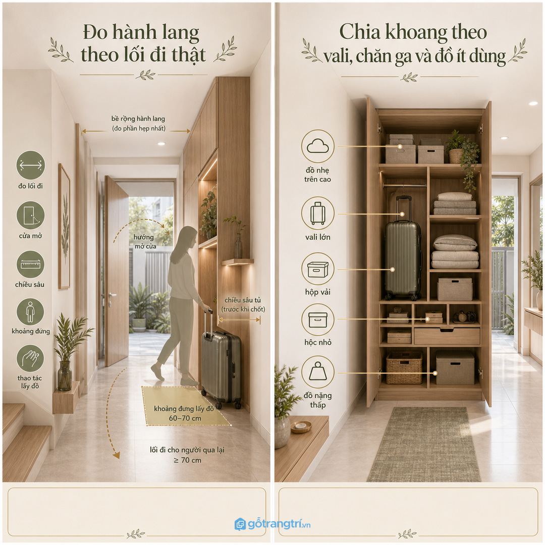 Chia khoang theo vali, chăn ga và đồ ít dùng