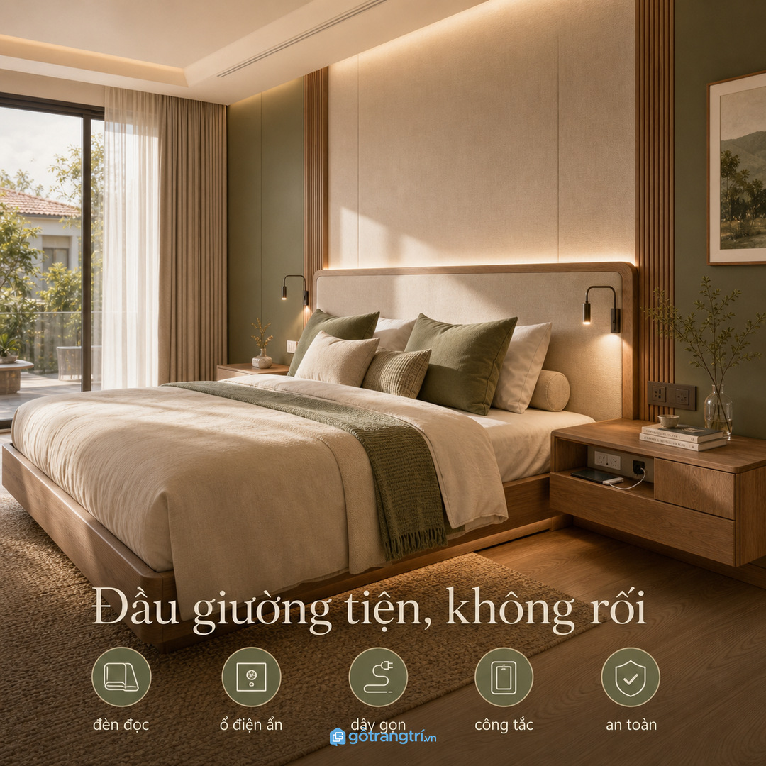 Đèn đọc và ổ điện ẩn giúp đầu giường tiện mà không rối