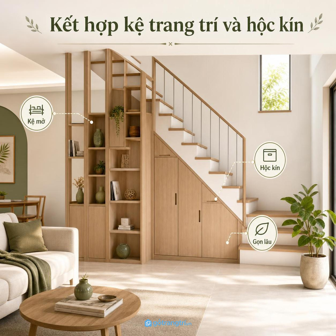 Kết hợp kệ trang trí và hộc kín để góc cầu thang gọn lâu