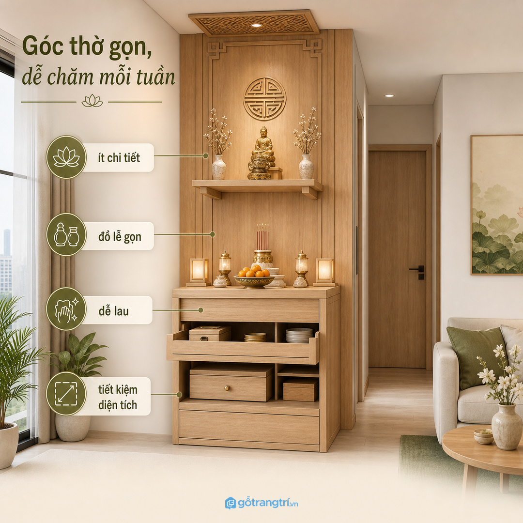 Vách thoáng, màu nhẹ và hộc cất đồ lễ giúp khu thờ gọn lâu