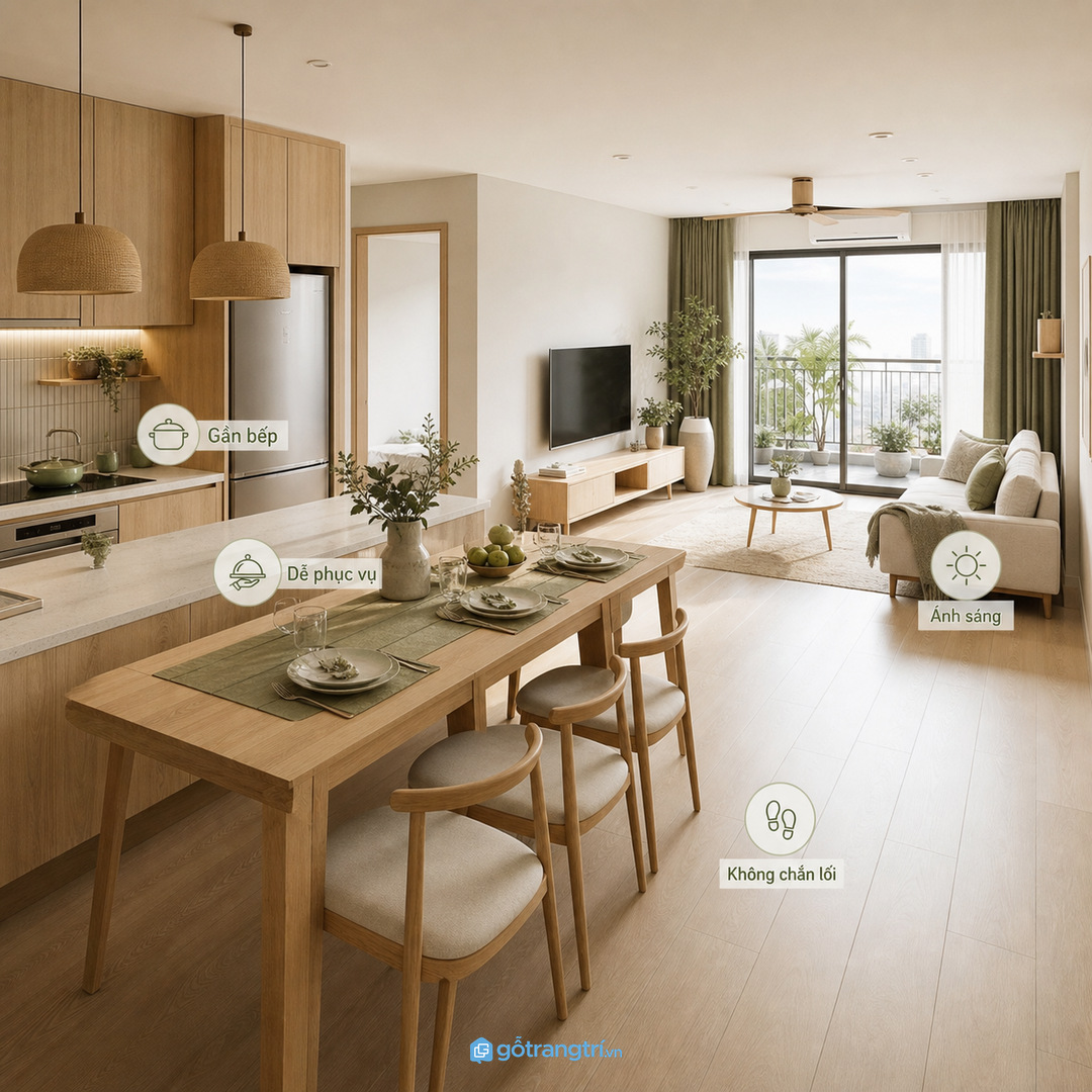 Đặt bàn gần bếp nhưng không chắn trục sinh hoạt