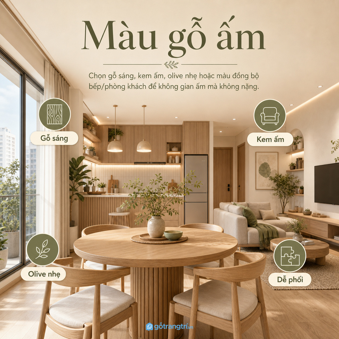 Chọn màu gỗ ấm và đồng bộ với bếp phòng khách