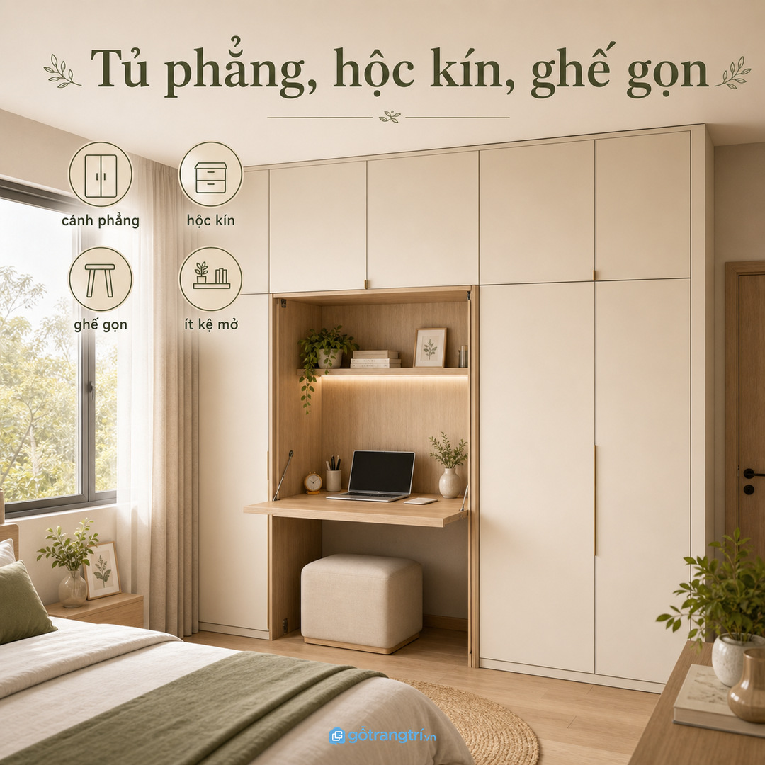 Chọn mặt tủ phẳng, hộc kín và ghế cất gọn