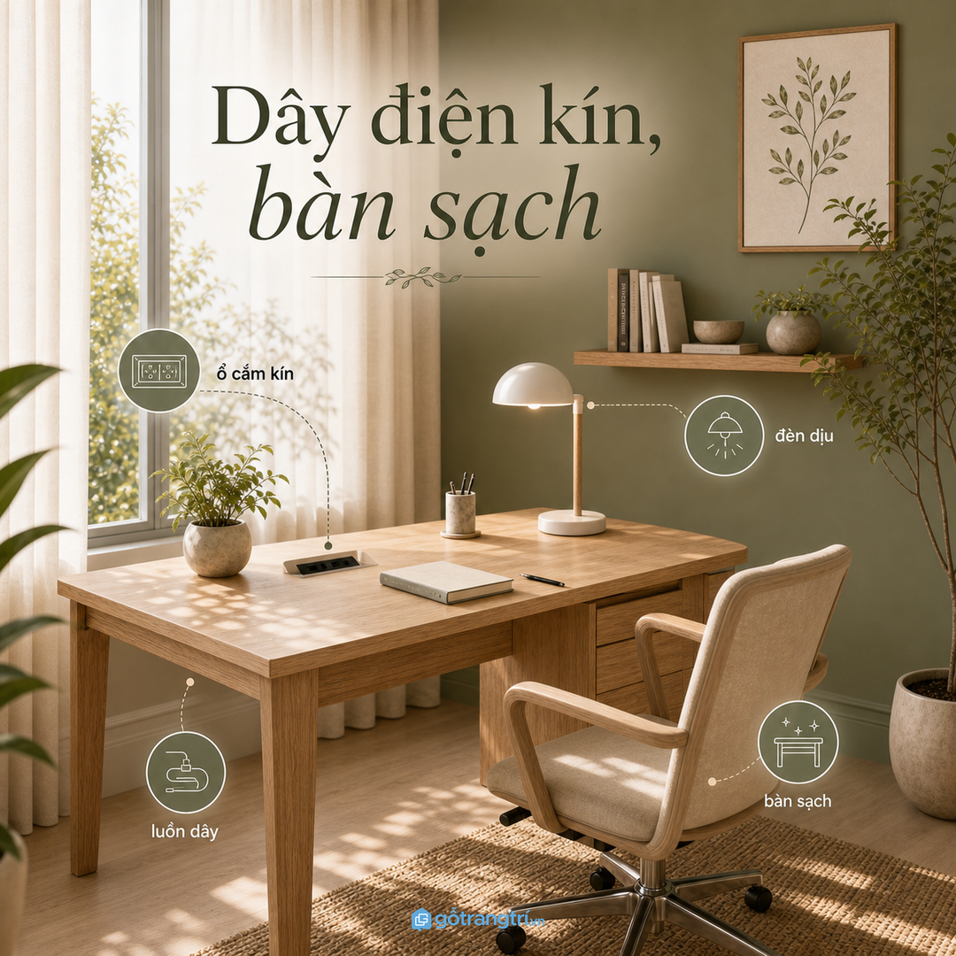 Dây điện kín và mặt bàn sạch giúp giữ năng lượng làm việc
