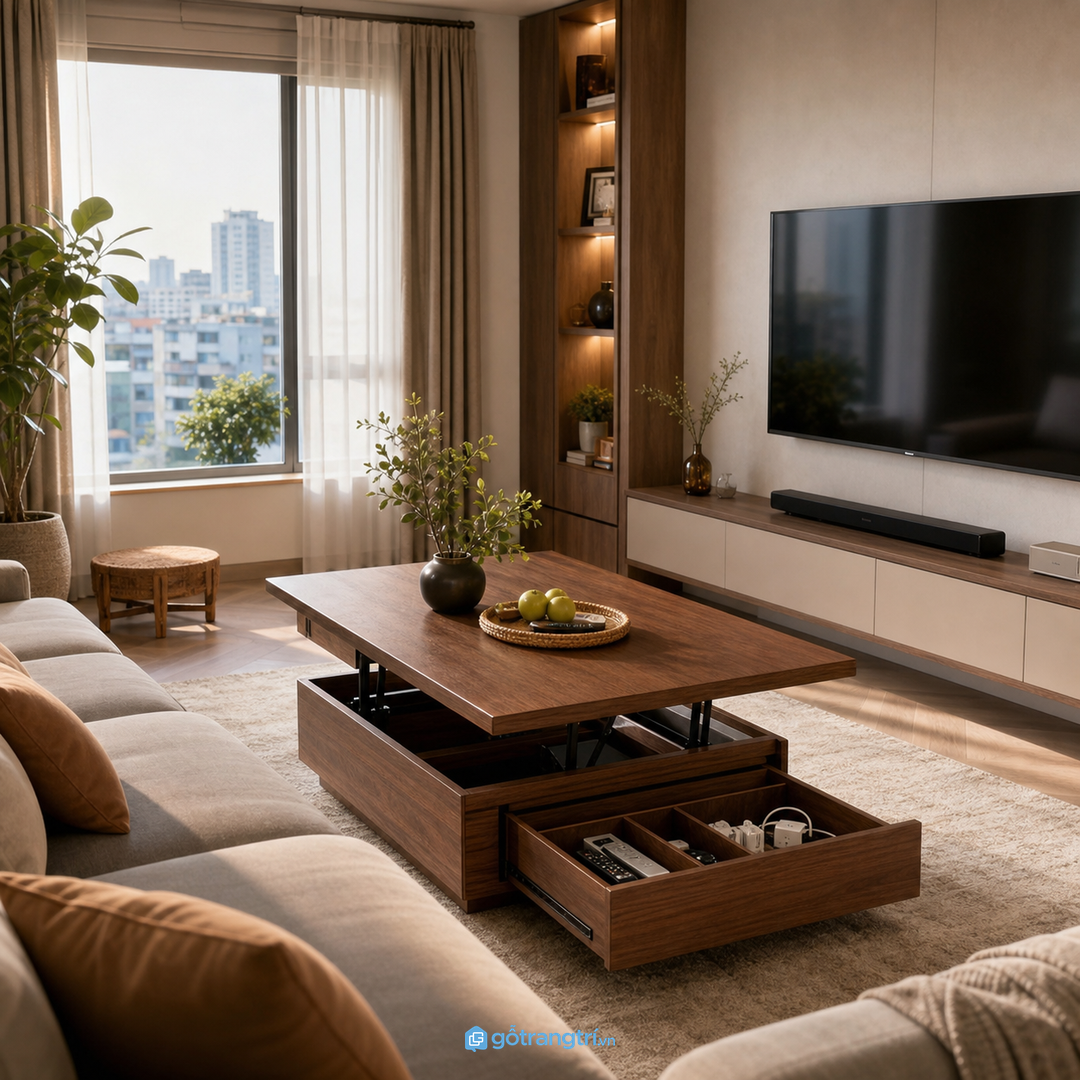 Màu bàn trà đồng bộ với sofa và kệ TV