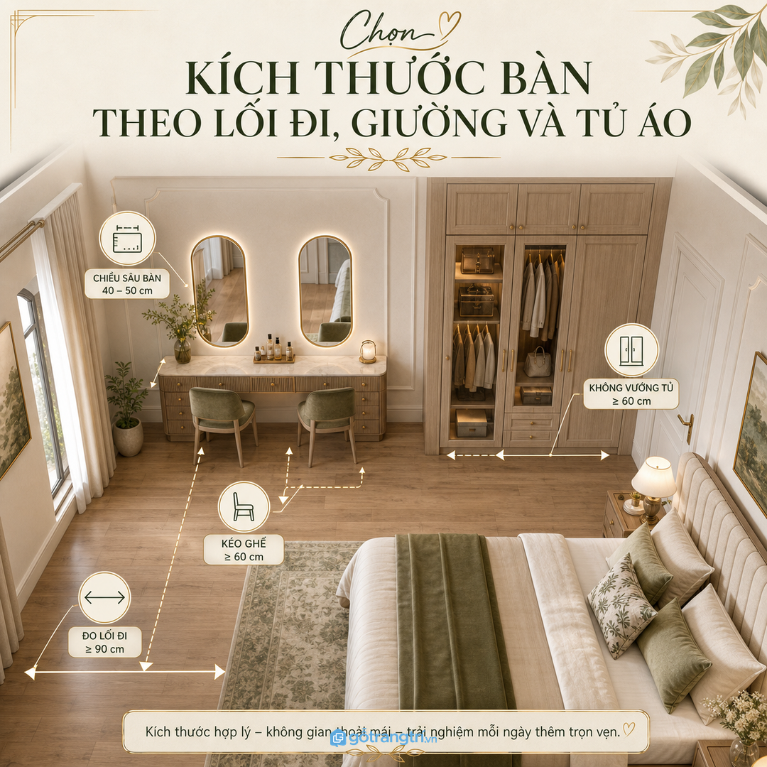 Chọn kích thước bàn theo lối đi, giường và tủ áo