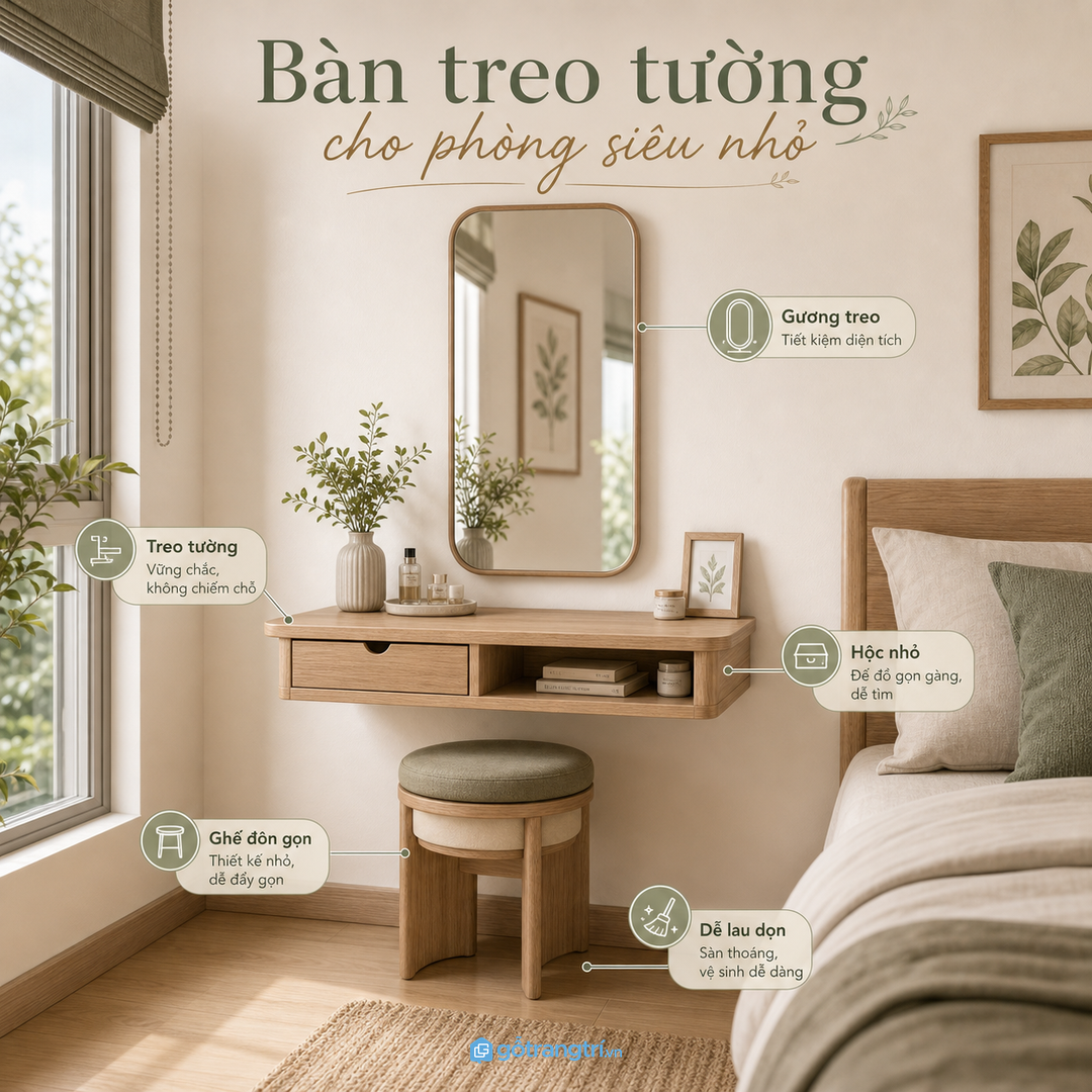 Màu gỗ sáng giúp bàn trang điểm hòa vào không gian nghỉ ngơi