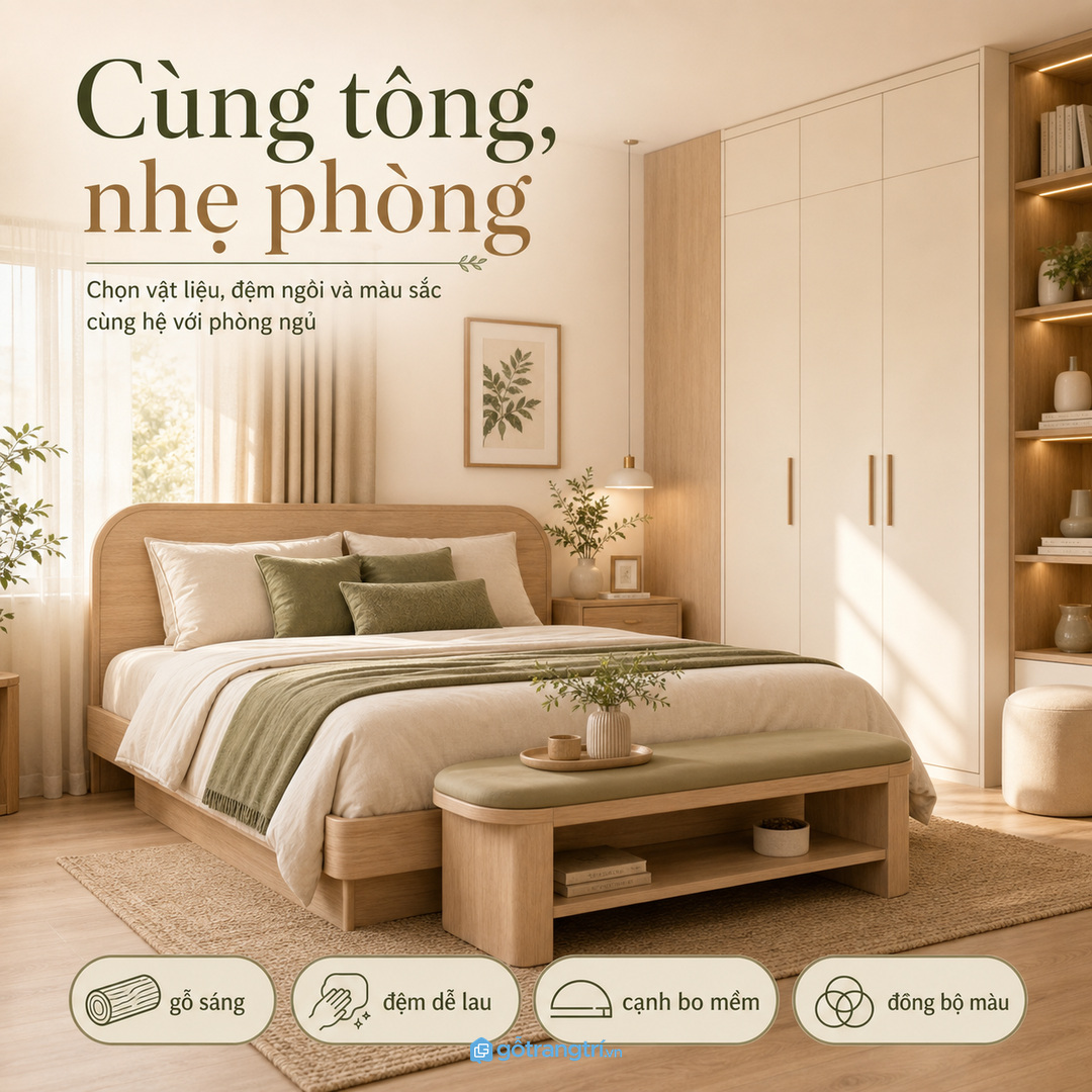 Vật liệu và màu sắc bench nên đồng bộ với phòng ngủ