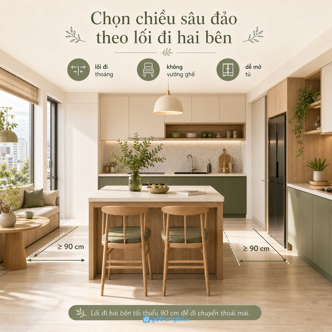 Cánh kín, kính mờ và kệ mở vừa đủ giúp đảo bếp mini gọn mắt