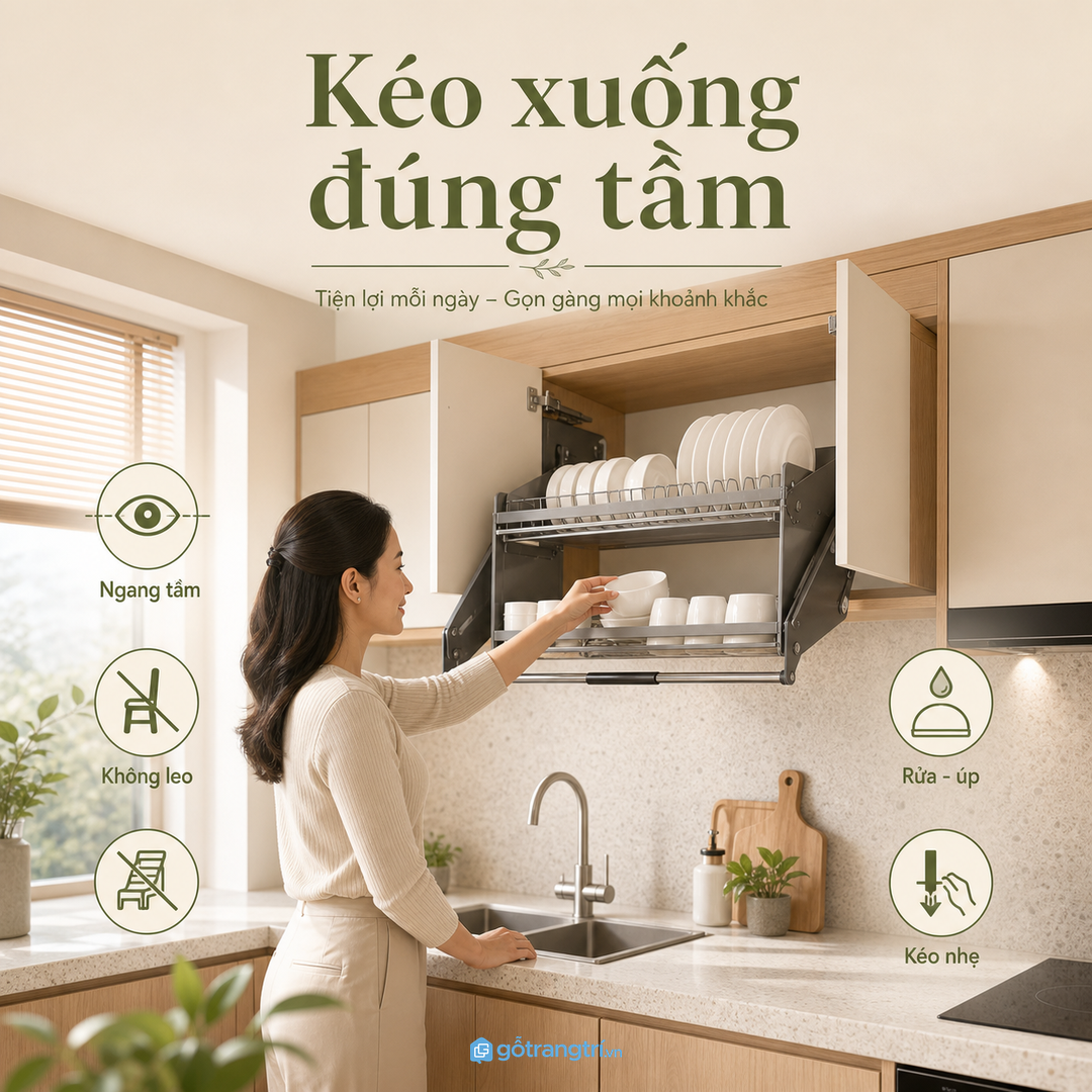 Đặt giá bát nâng hạ gần chậu rửa để luồng thao tác ngắn và gọn