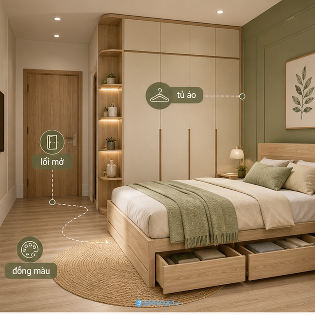 Giường 1m6 nên phối cùng tủ áo để phòng chung cư nhỏ nhìn liền mạch hơn