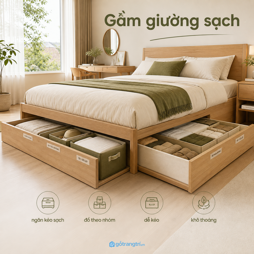Ngăn kéo dưới giường cần sạch, chia khoang rõ và dễ kéo