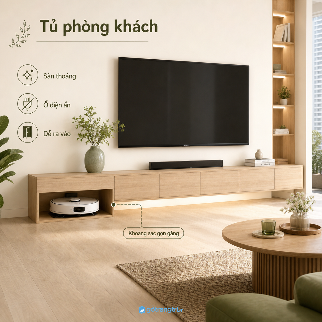 Tủ phòng khách có thể giấu robot dưới khoang thấp