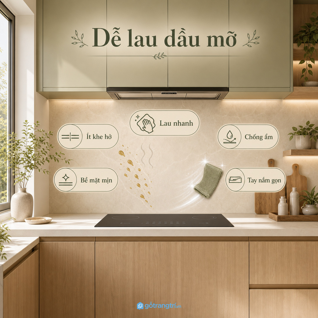 Vật liệu quanh bếp nấu nên dễ lau dầu mỡ và hơi nóng