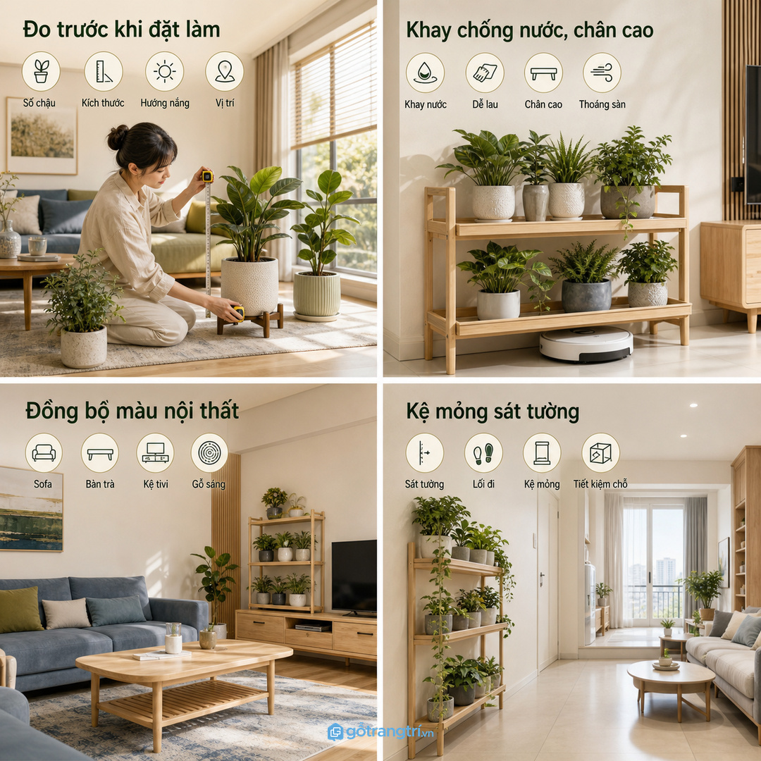 Phối màu kệ với sofa, bàn trà và kệ tivi để phòng khách liền mạch