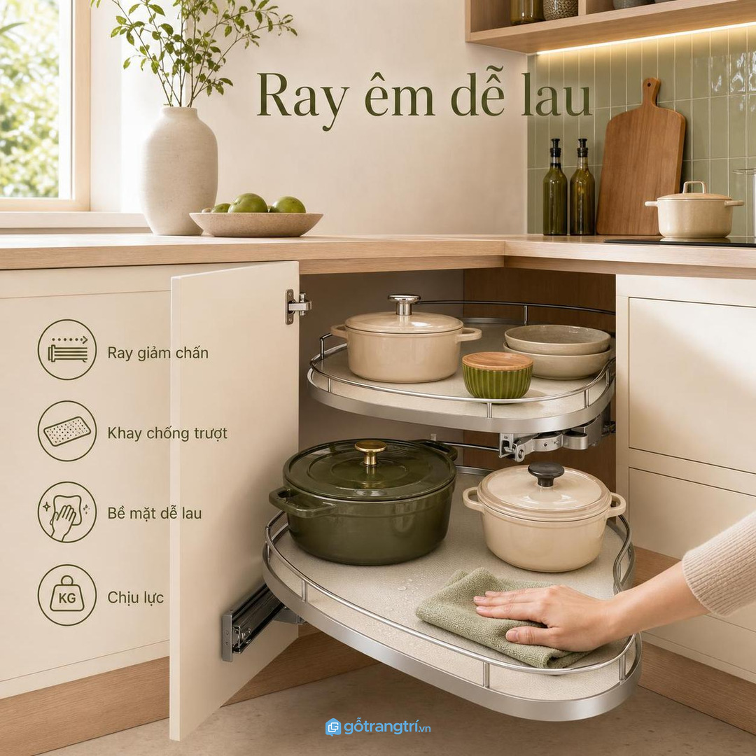 Ray êm, tải đúng và bề mặt dễ lau giúp kệ góc dùng bền