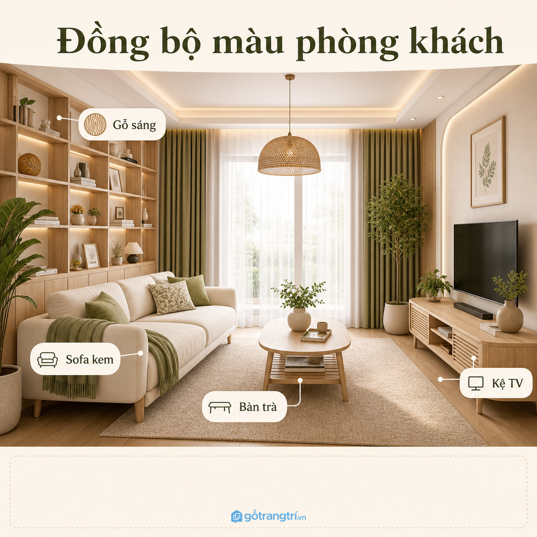 Màu kệ sách nên đồng bộ với sofa, bàn trà và kệ TV