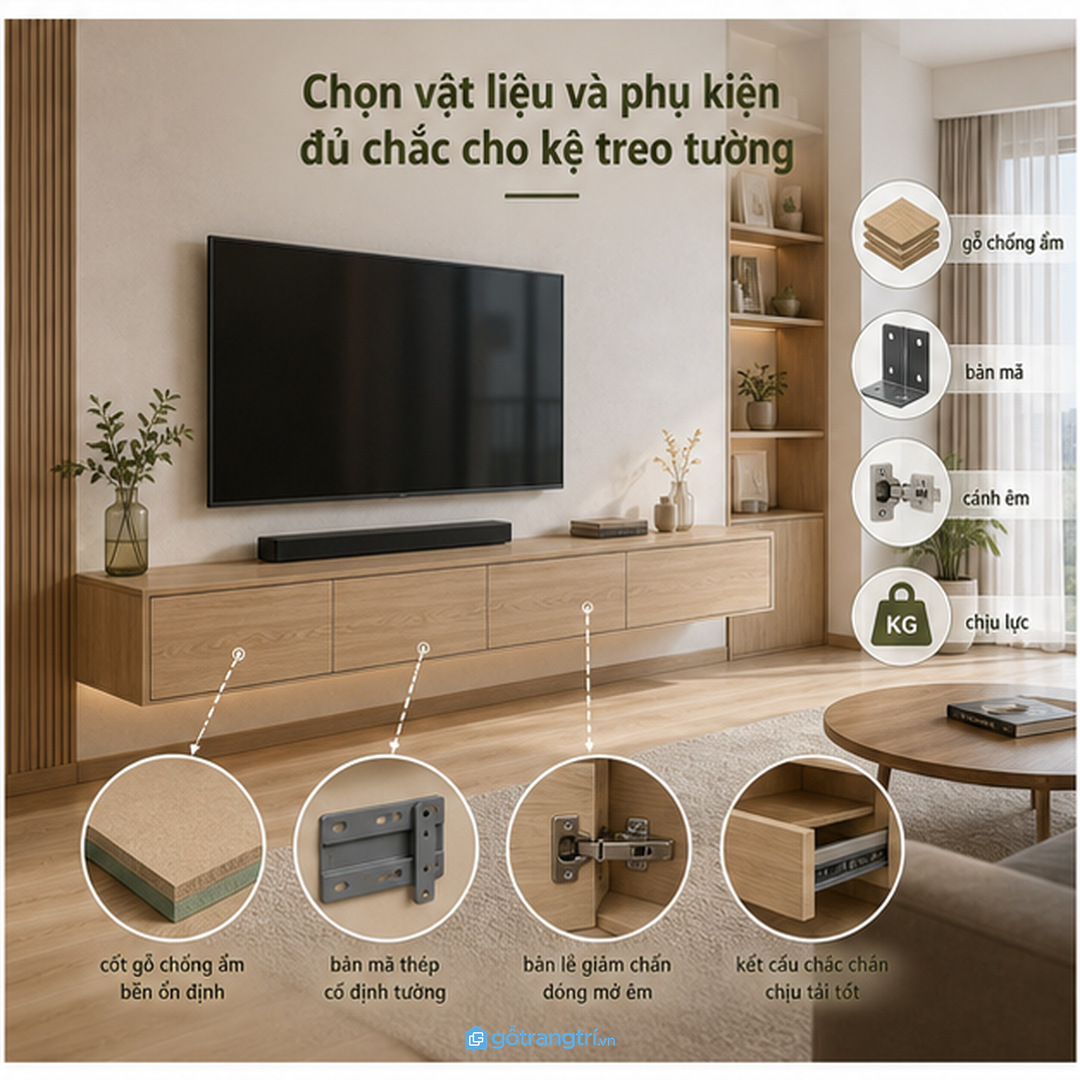Chọn vật liệu và phụ kiện đủ chắc cho kệ treo tường