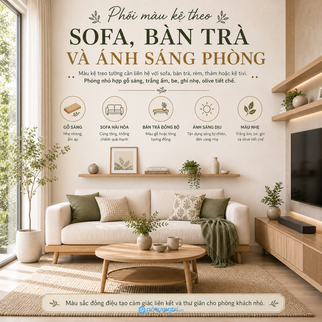 Phối màu kệ cùng sofa, bàn trà và kệ tivi để phòng nhỏ liền mạch
