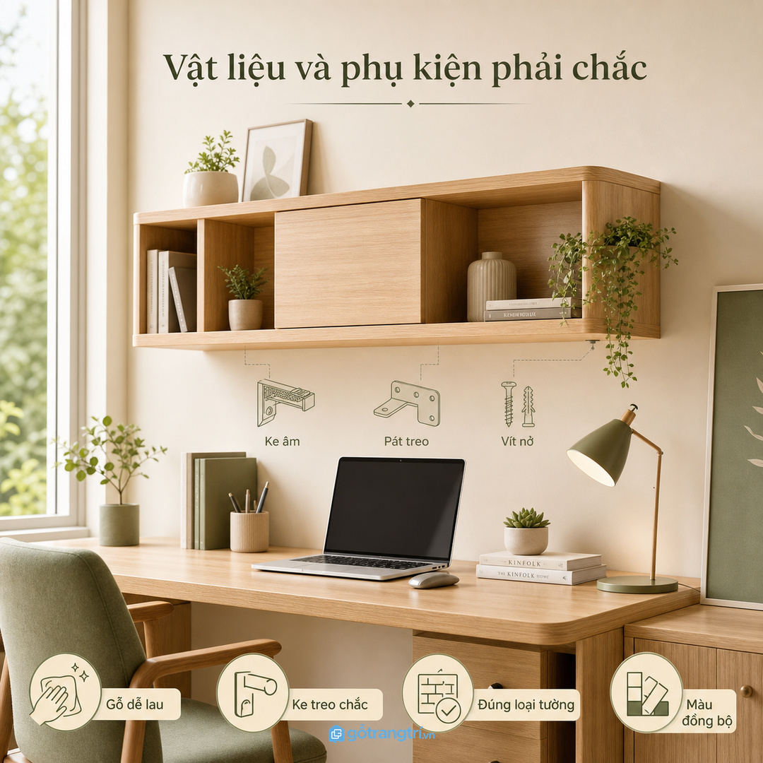Vật liệu và phụ kiện treo cần bền, sạch và hợp tường thực tế.