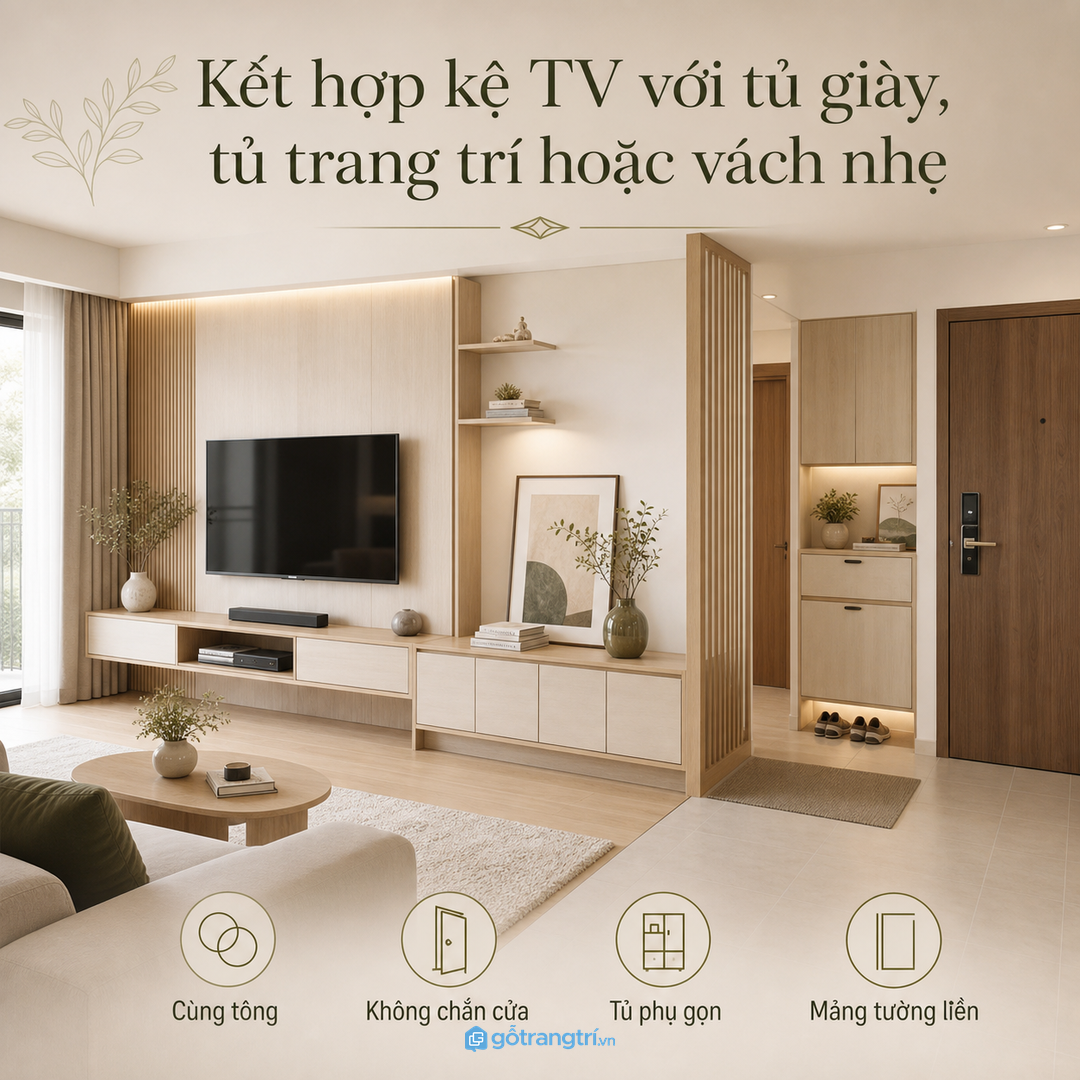 Đồng bộ kệ TV với tủ giày, tủ trang trí hoặc vách nhẹ để nhà gọn hơn