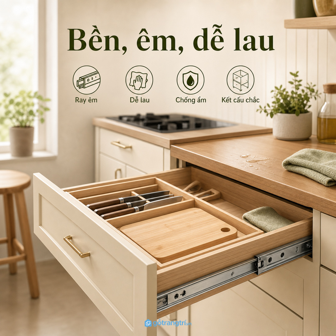 Vật liệu dễ lau, ray êm và kết cấu chắc giúp khay dùng bền