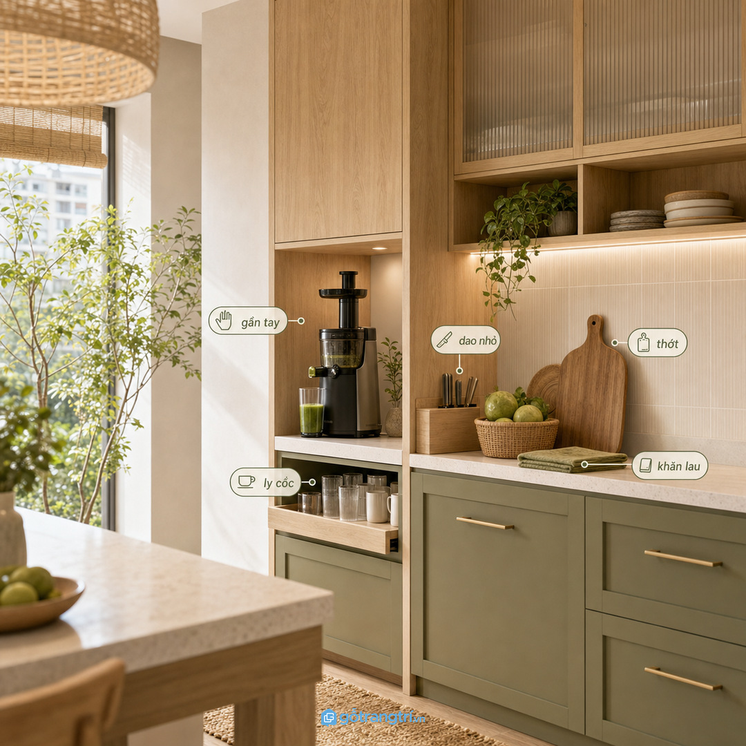 Ly cốc, dao nhỏ và thớt nên nằm gần khoang ép