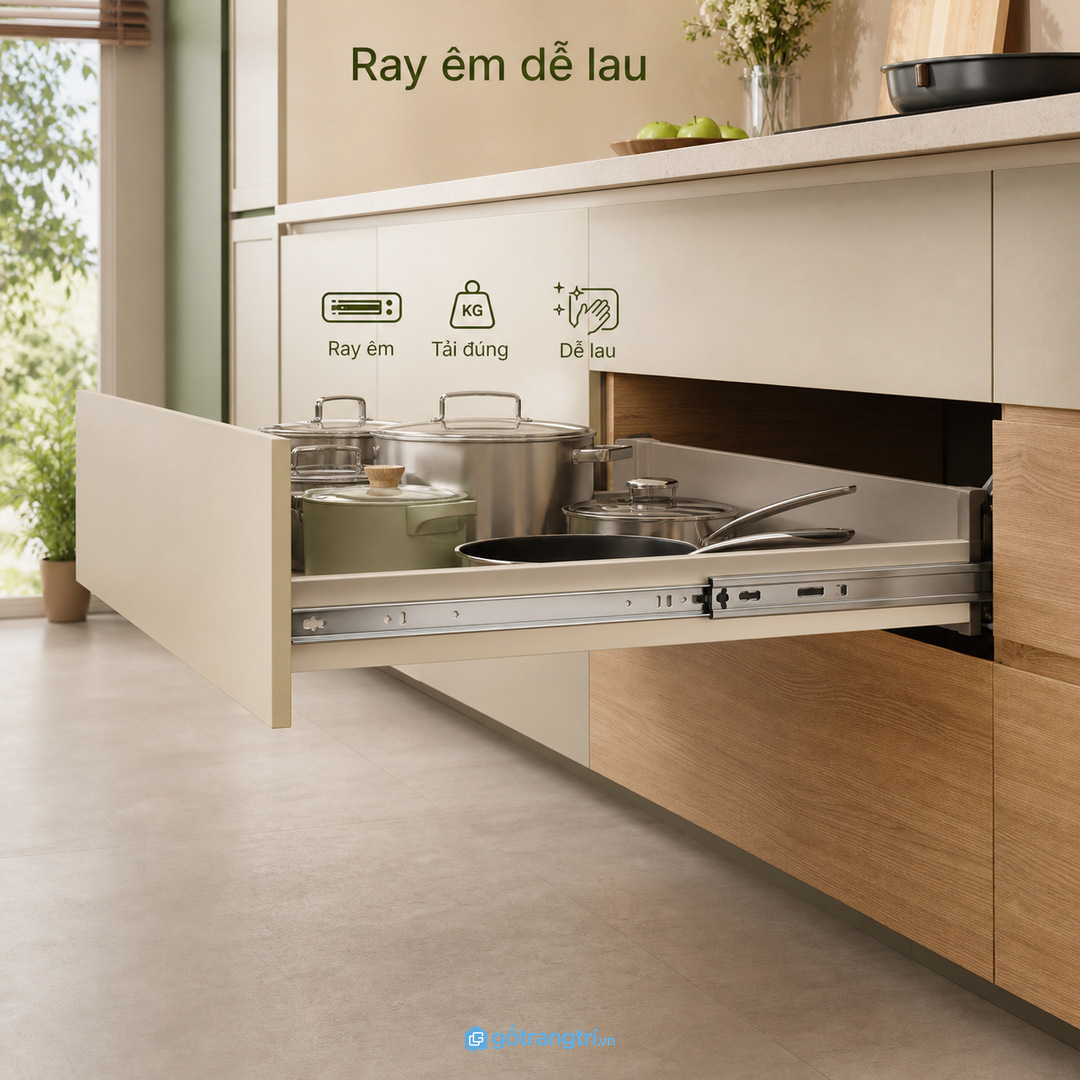Ray êm, tải đúng và bề mặt dễ lau giúp ngăn kéo dùng bền