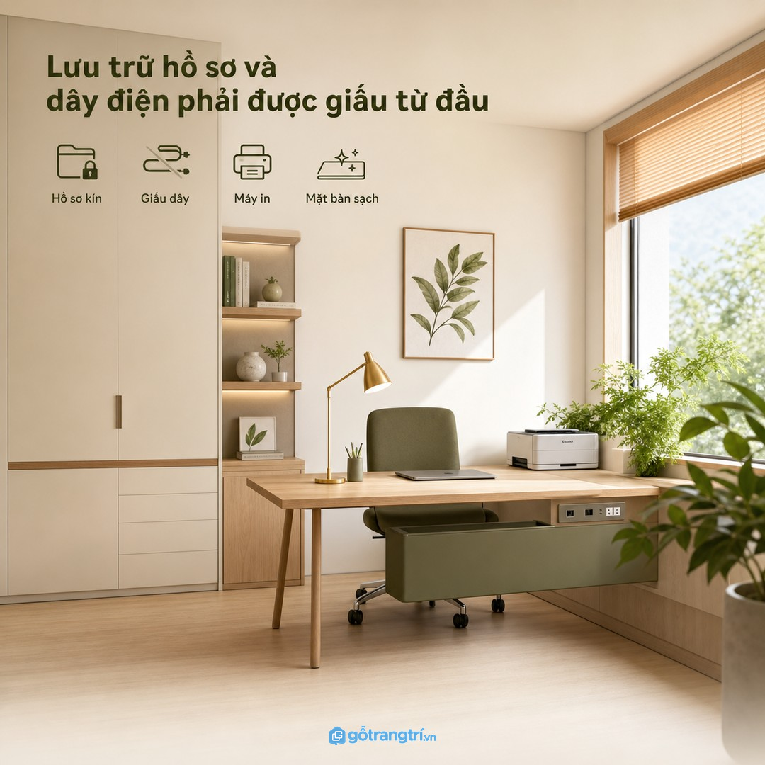 Ánh sáng nhẹ làm quầy lễ tân nổi bật mà không gây chói