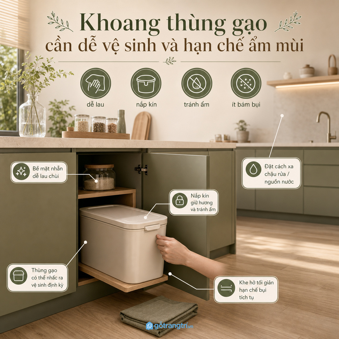 Khoang thùng gạo cần dễ vệ sinh và hạn chế ẩm mùi