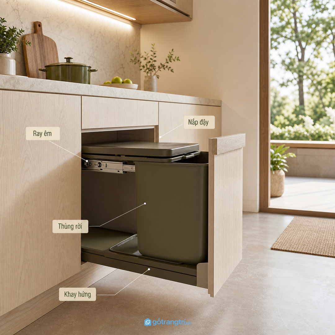 Ray kéo, nắp đậy và thùng rời quyết định độ tiện của thùng rác âm