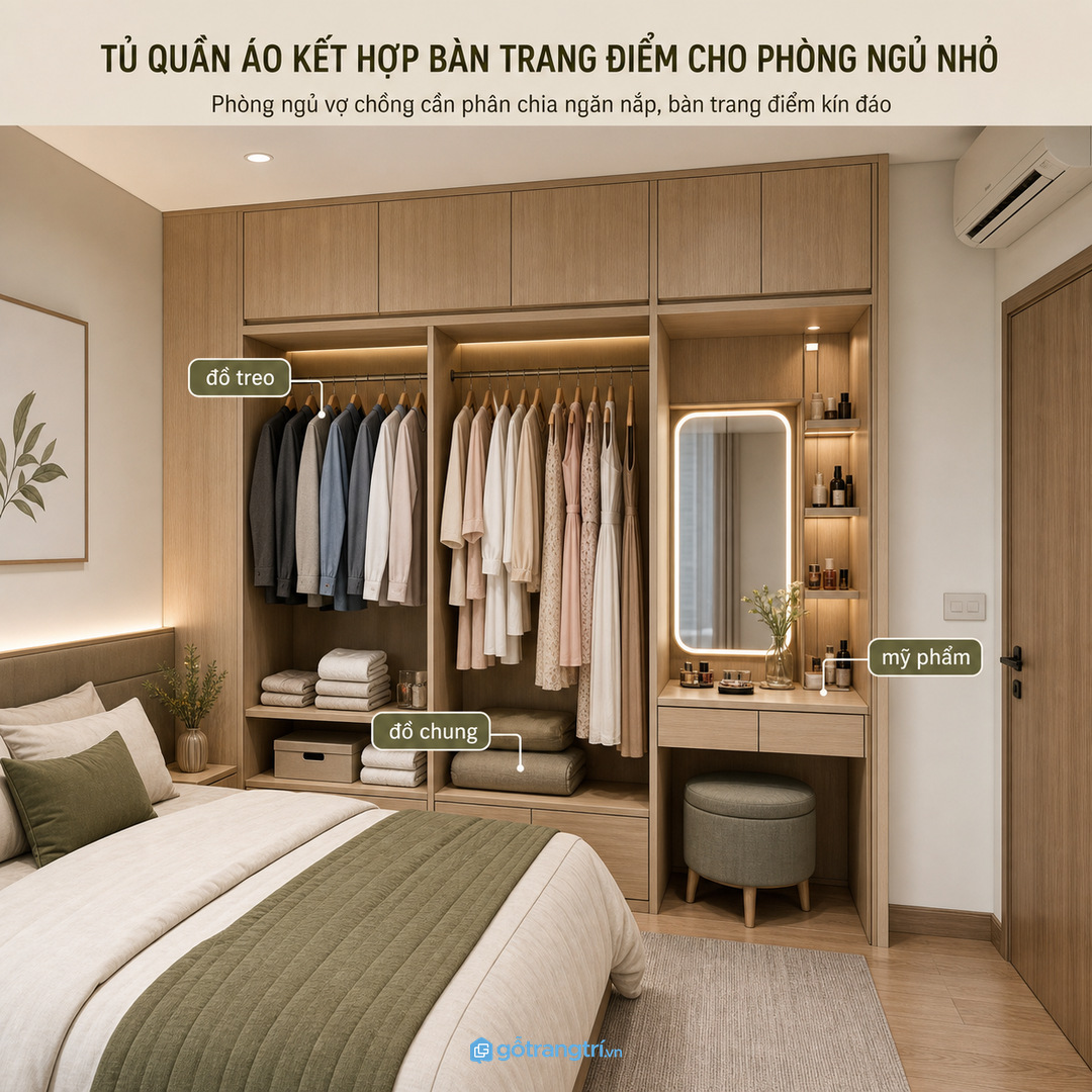Chia ngăn tủ áo và bàn phấn theo đồ dùng thật của gia đình