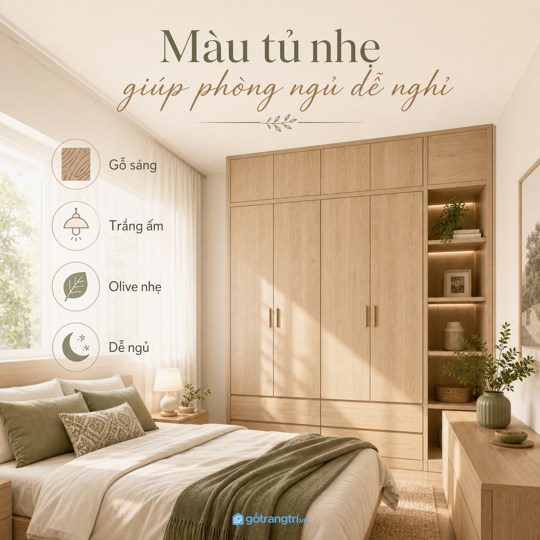Màu tủ nhẹ giúp phòng ngủ nhỏ dễ nghỉ hơn