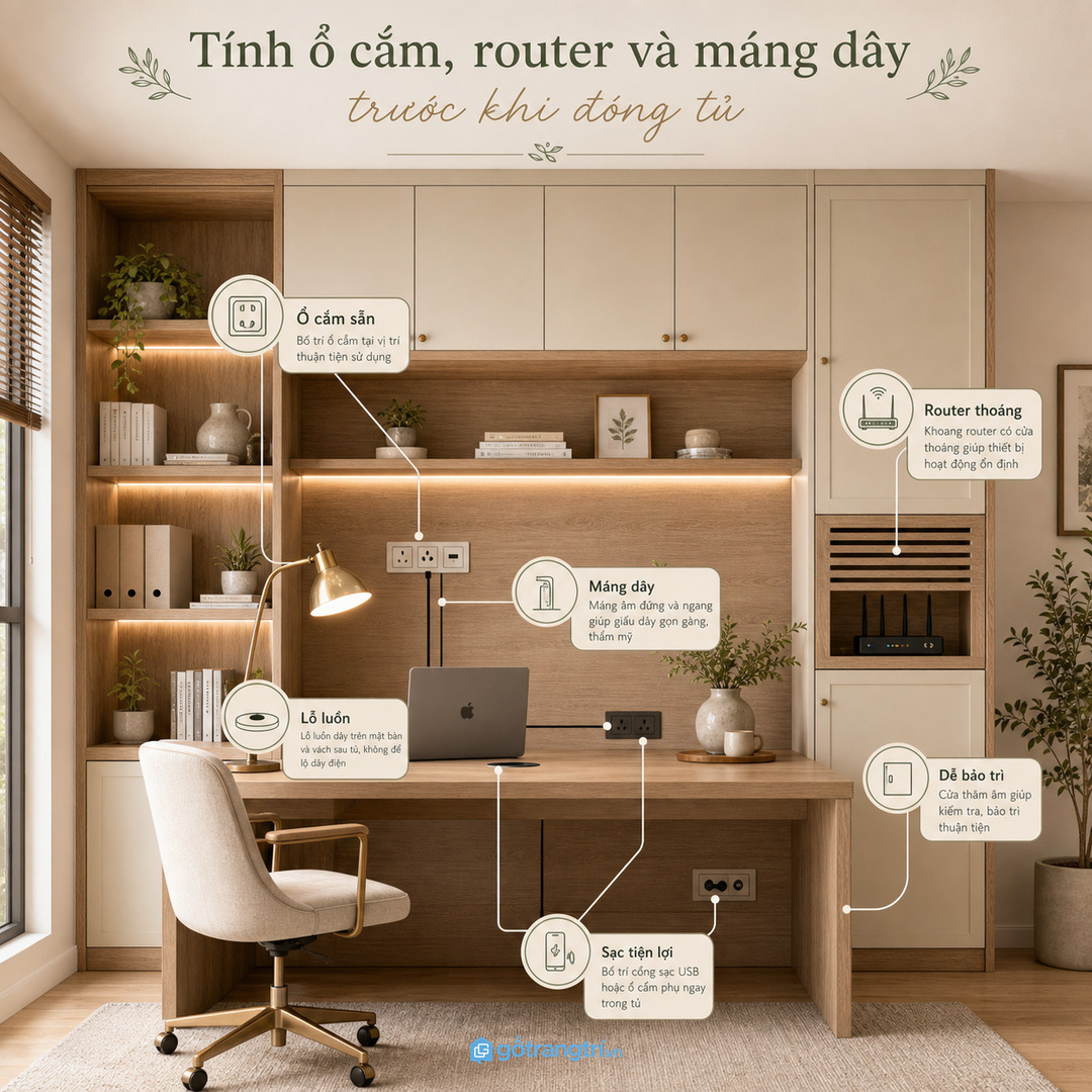 Tính ổ cắm, router và máng dây trước khi đóng tủ