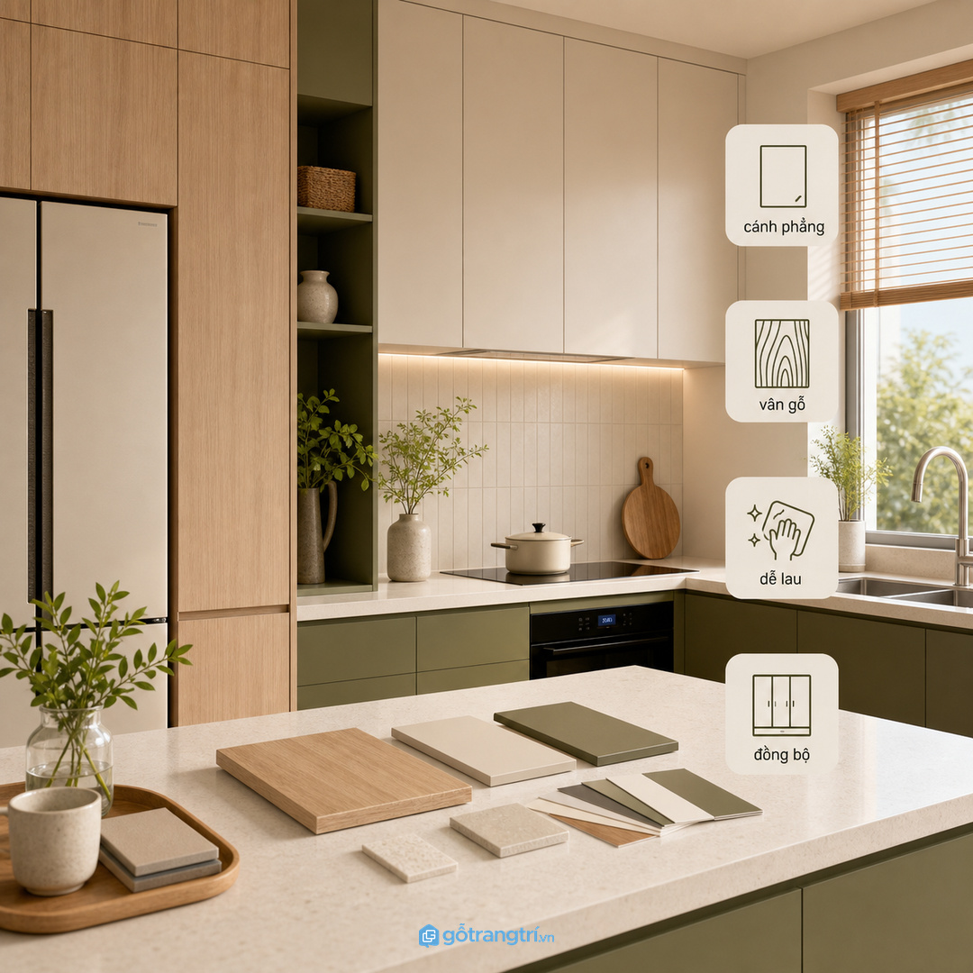 Chọn vật liệu và màu cánh đồng bộ với hệ tủ bếp hiện có