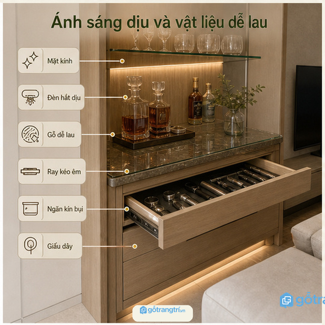 Ánh sáng dịu, ray kéo êm và vật liệu dễ lau giúp tủ đẹp lâu