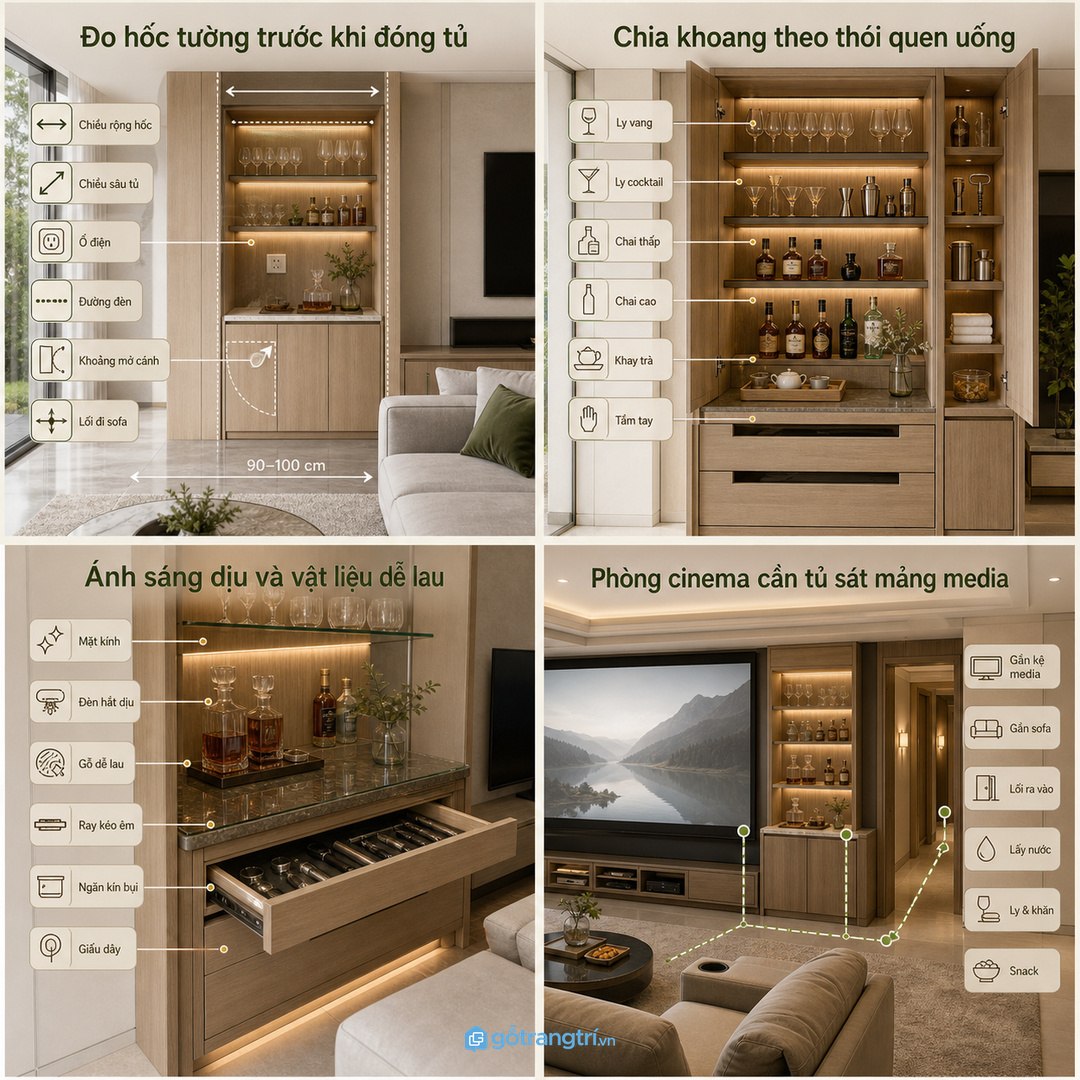Ánh sáng dịu, ray kéo êm và vật liệu dễ lau giúp tủ đẹp lâu